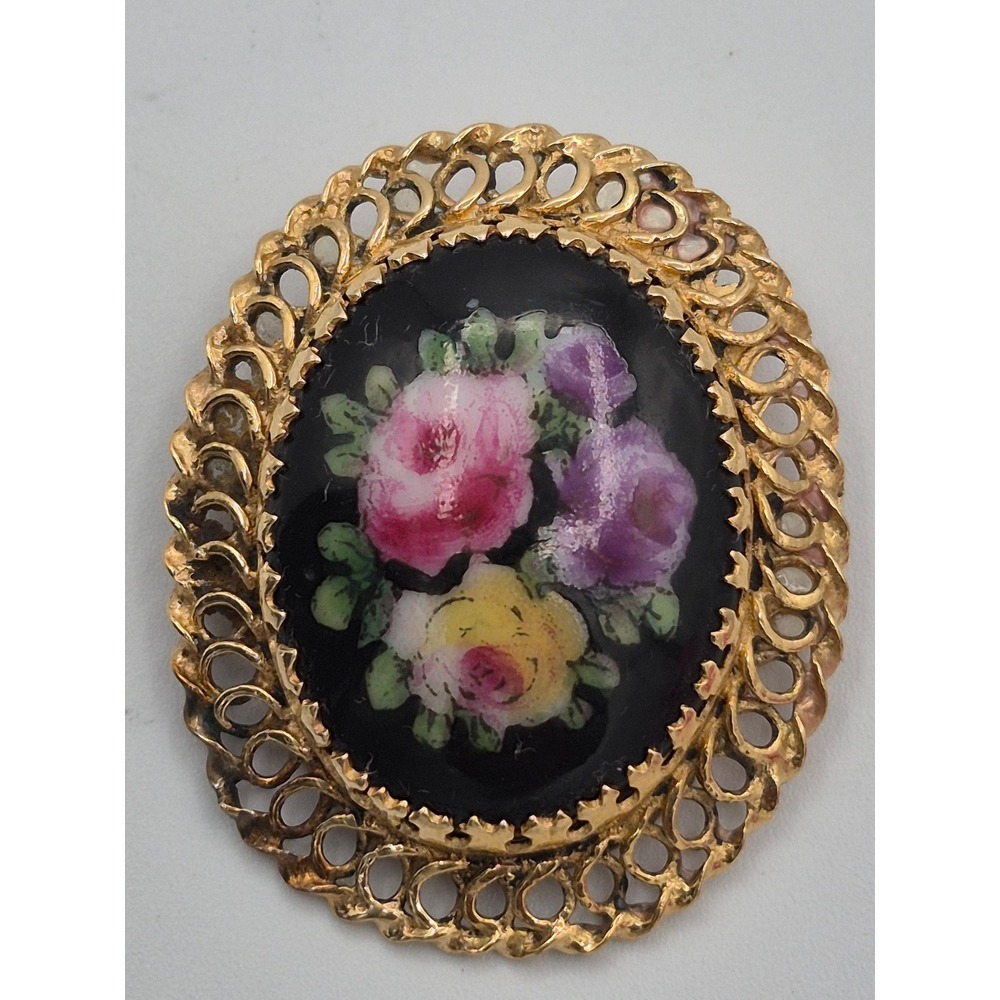 Vintage Floral Brooch Filigree Pendant Gold Tone Hand Painted Rose Black Oval